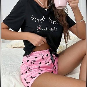 Women’s Satin Pajama Short and T-Shirt Set, Black and Pink Satin Pajama Set